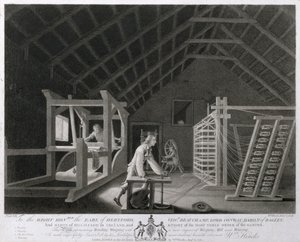 Vikling, vridning med en ny forbedret vridningsmølle og veving, plate VII av The Linen Manufactory of Ireland, 1783 (mezzotint)